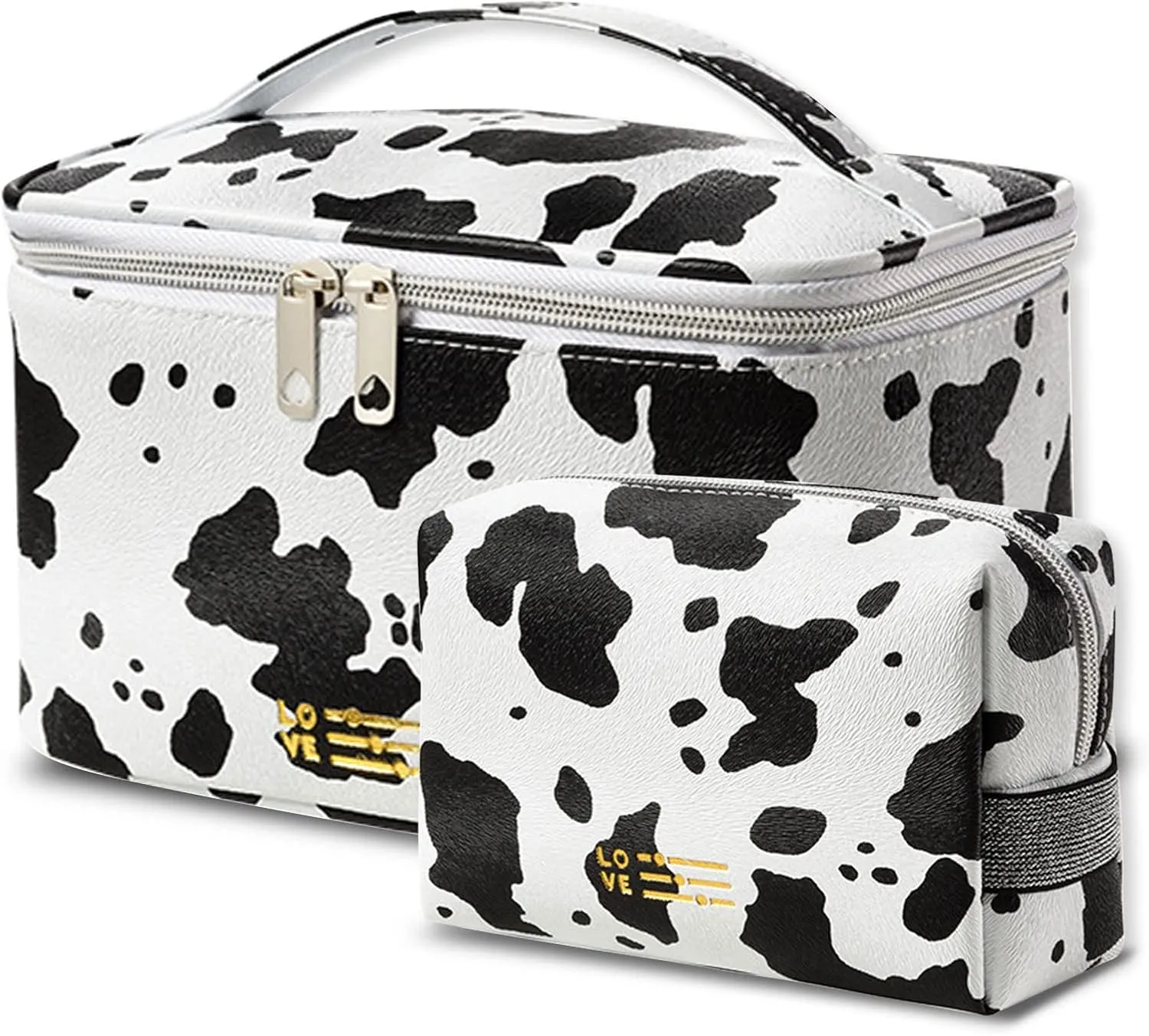 Makeup Bag Cow Print Set of 2, Portable Cosmetic Bags Travel Toiletry Bag with Handle and Divider, Waterproof PU Leather Make Up Purse Pouch for Women Bathroom Girls