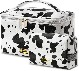 Makeup Bag Cow Print Set of 2, Portable Cosmetic Bags Travel Toiletry Bag with Handle and Divider, Waterproof PU Leather Make Up Purse Pouch for Women Bathroom Girls