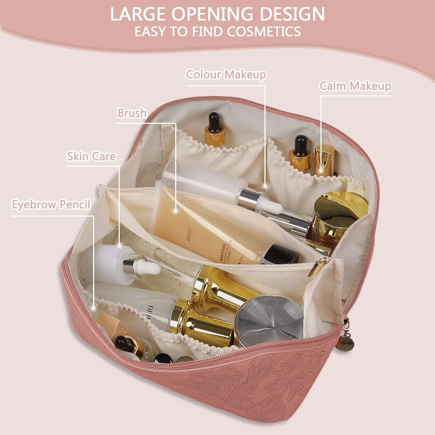 Makeup Bag Travel Cosmetic Bag with Compartment Large Capacity Water resistant PU Leather Portable Floral Makeup Bag Suit for Women Girl Valentines Day Gifts Pink Makeup Bag