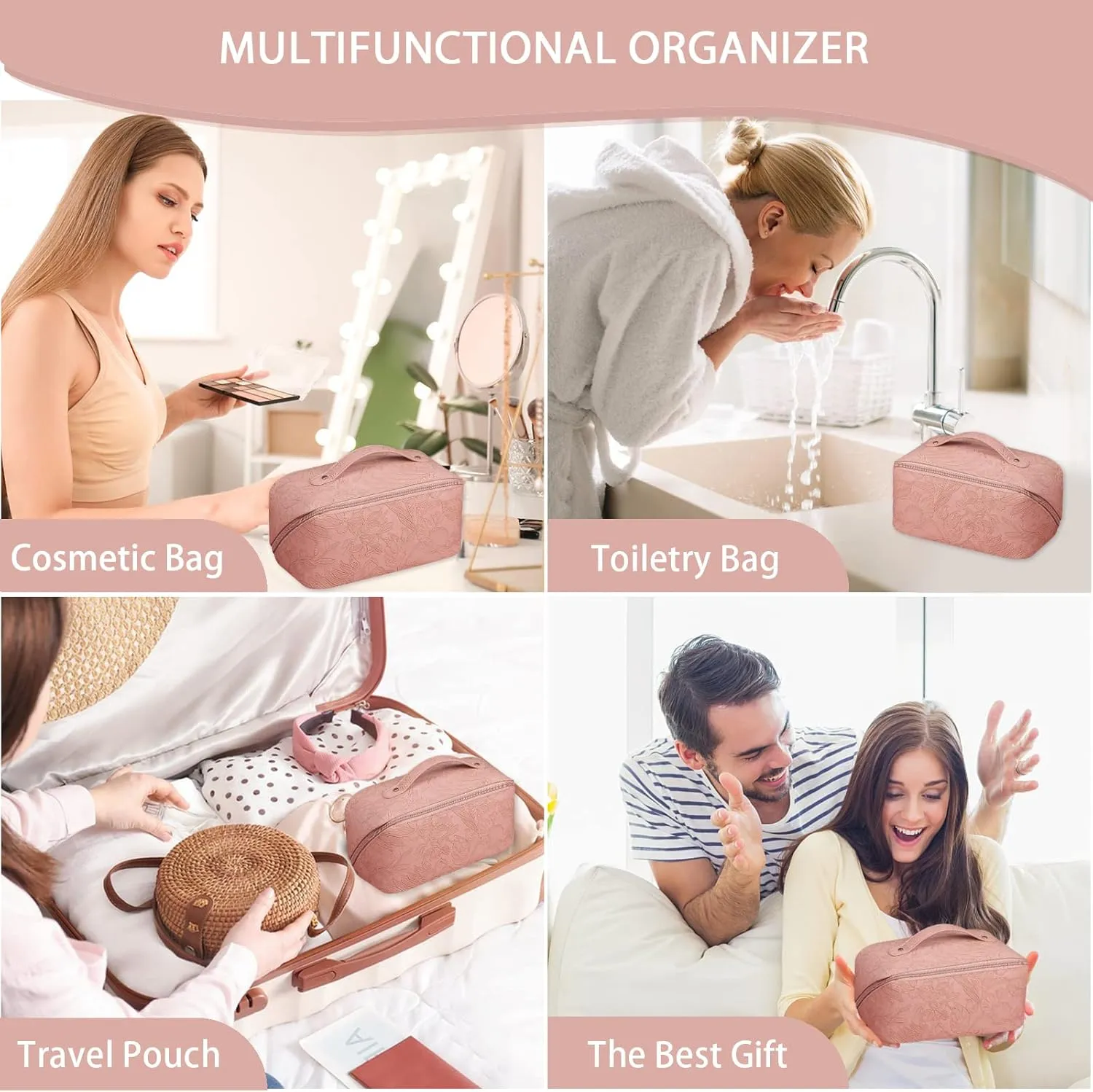 Makeup Bag Travel Cosmetic Bag with Compartment Large Capacity Water resistant PU Leather Portable Floral Makeup Bag Suit for Women Girl Valentines Day Gifts Pink Makeup Bag