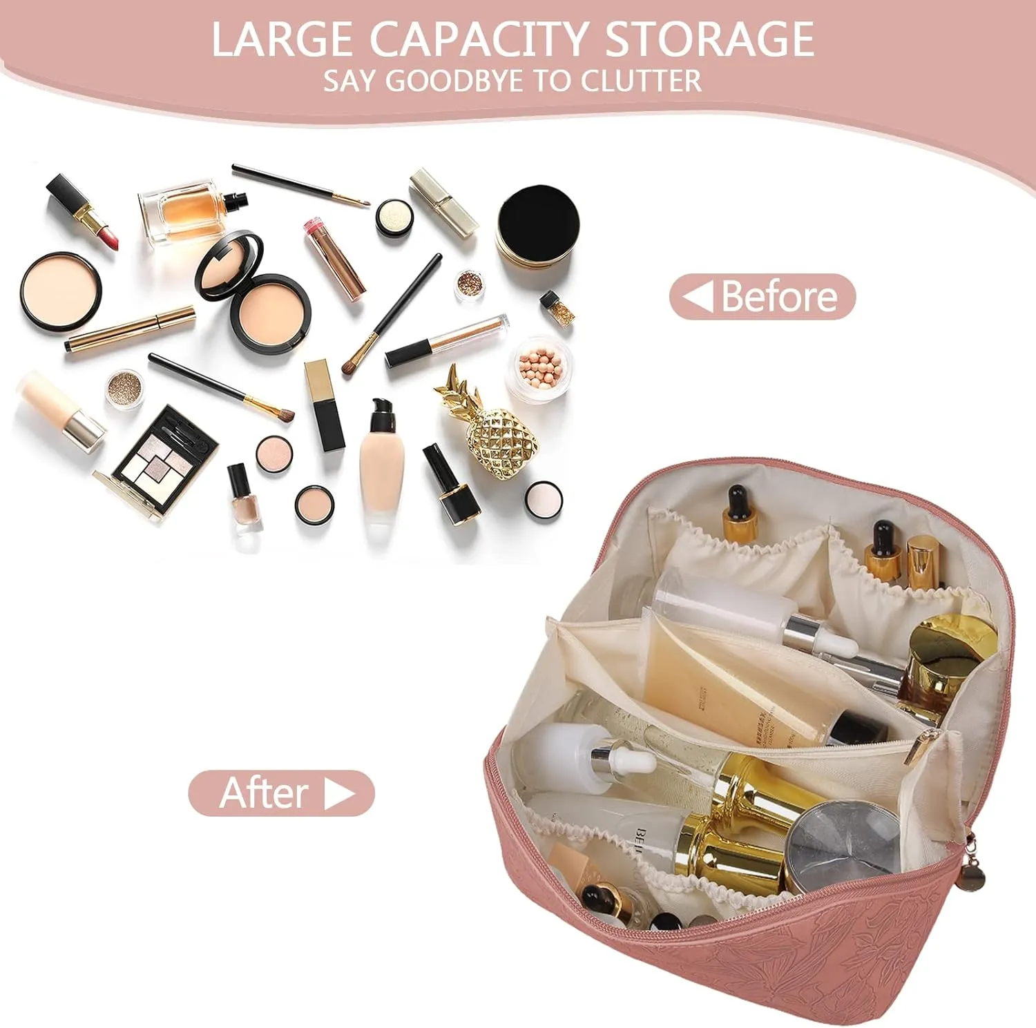 Makeup Bag Travel Cosmetic Bag with Compartment Large Capacity Water resistant PU Leather Portable Floral Makeup Bag Suit for Women Girl Valentines Day Gifts Pink Makeup Bag