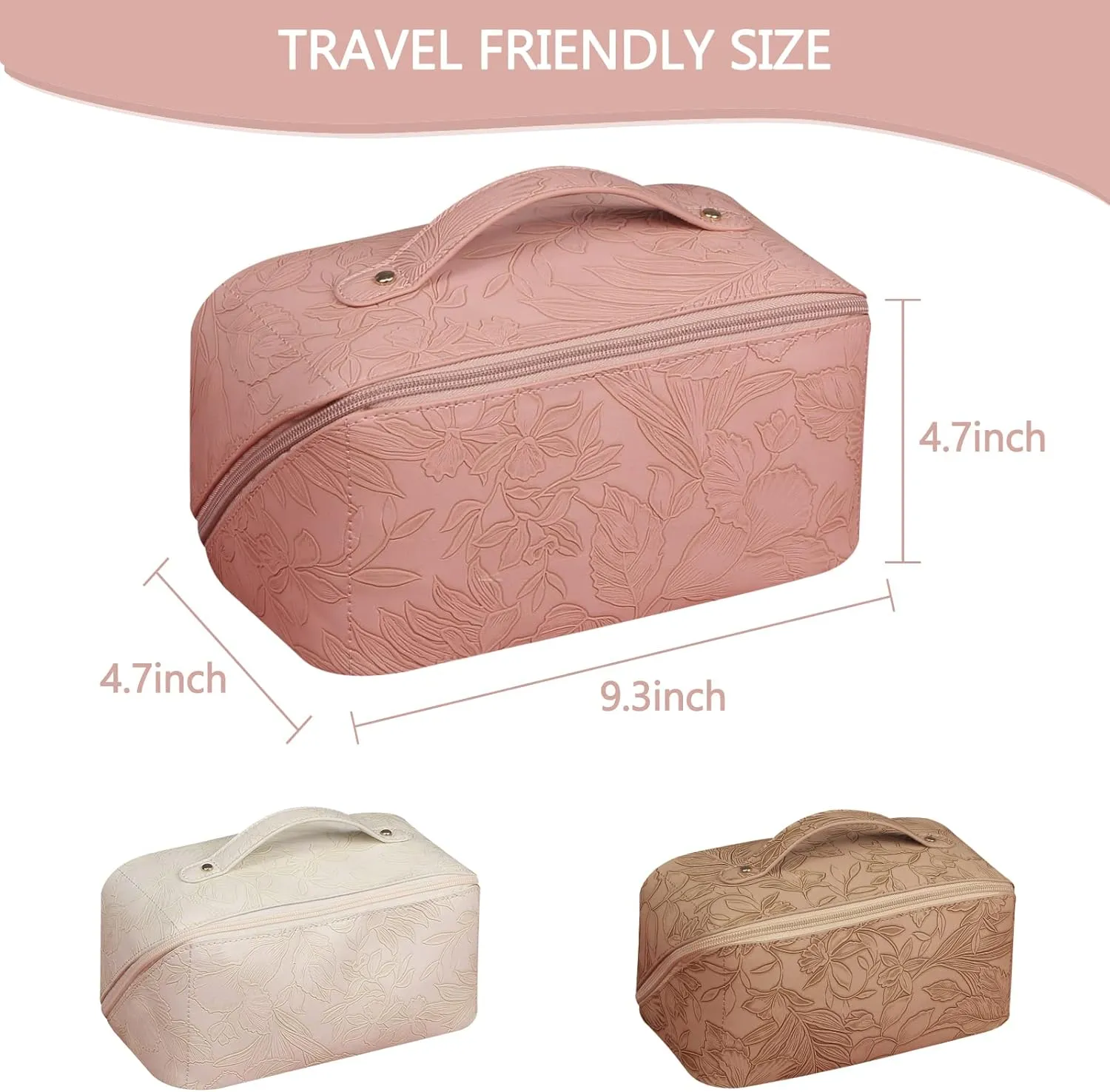 Makeup Bag Travel Cosmetic Bag with Compartment Large Capacity Water resistant PU Leather Portable Floral Makeup Bag Suit for Women Girl Valentines Day Gifts Pink Makeup Bag