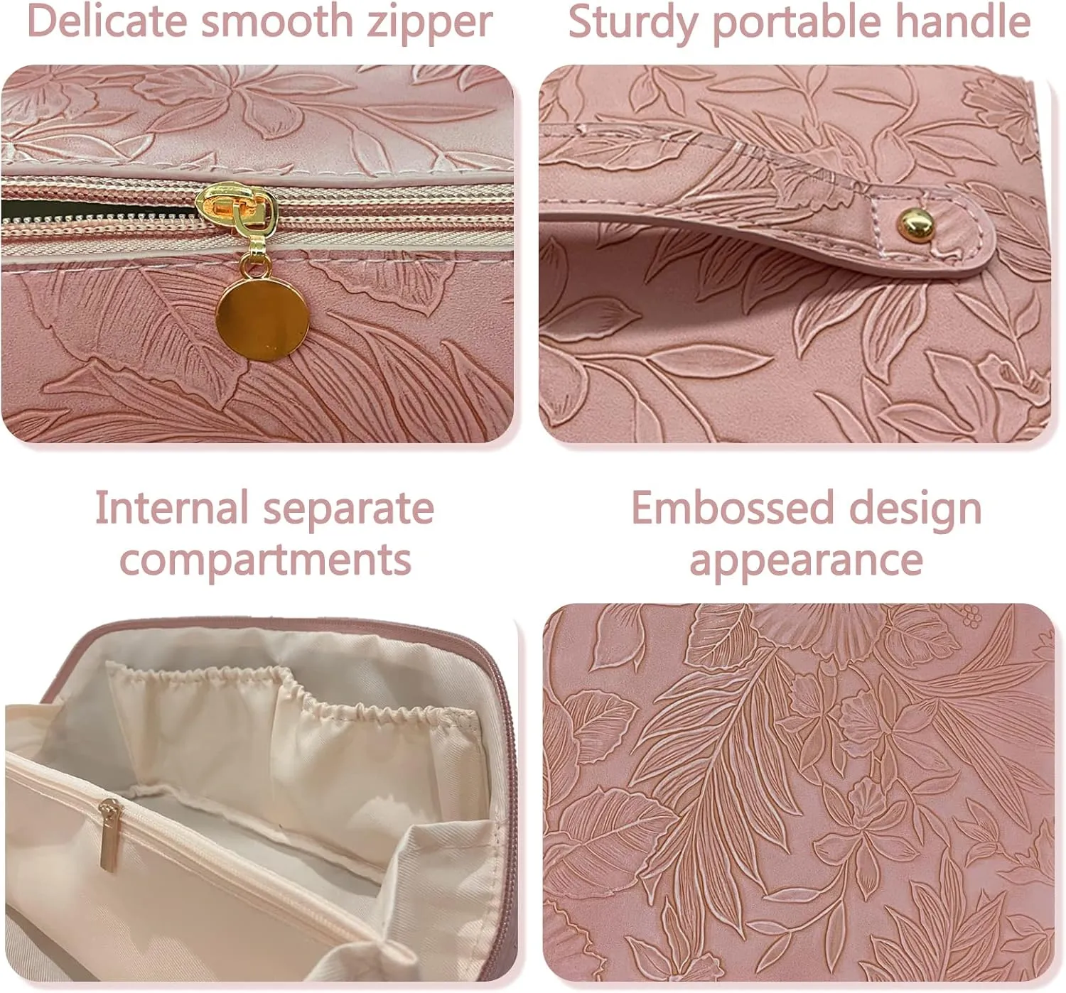 Makeup Bag Travel Cosmetic Bag with Compartment Large Capacity Water resistant PU Leather Portable Floral Makeup Bag Suit for Women Girl Valentines Day Gifts Pink Makeup Bag