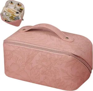 Makeup Bag Travel Cosmetic Bag with Compartment Large Capacity Water resistant PU Leather Portable Floral Makeup Bag Suit for Women Girl Valentines Day Gifts Pink Makeup Bag