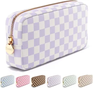 Makeup Bag Travel Cosmetics Pouch and Toiletry Bag, Nylon Zipper Pouch Purse, Cute Make Up Organizer Storage Tote for Women Girls, Travel Skincare Case, Small Makeup Case, Dusty Rose Checkered