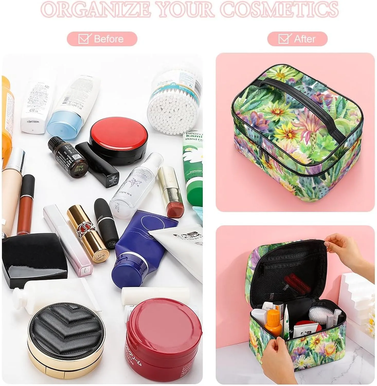 Makeup Bag Watercolor Cactus Flower Cosmetic Bag for Women, Beauty Zipper Makeup Organizer PU Leather Waterproof Toiletry Train Case