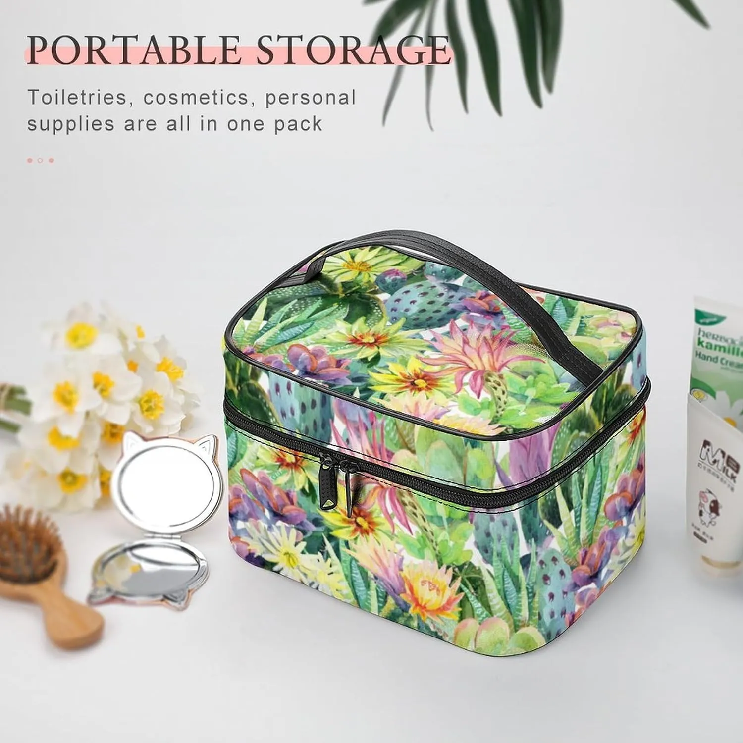 Makeup Bag Watercolor Cactus Flower Cosmetic Bag for Women, Beauty Zipper Makeup Organizer PU Leather Waterproof Toiletry Train Case