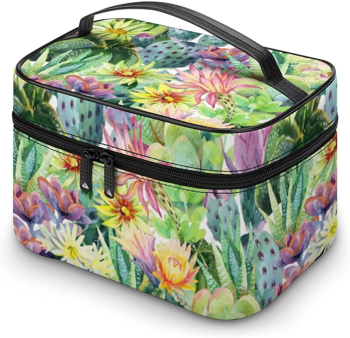 Makeup Bag Watercolor Cactus Flower Cosmetic Bag for Women, Beauty Zipper Makeup Organizer PU Leather Waterproof Toiletry Train Case