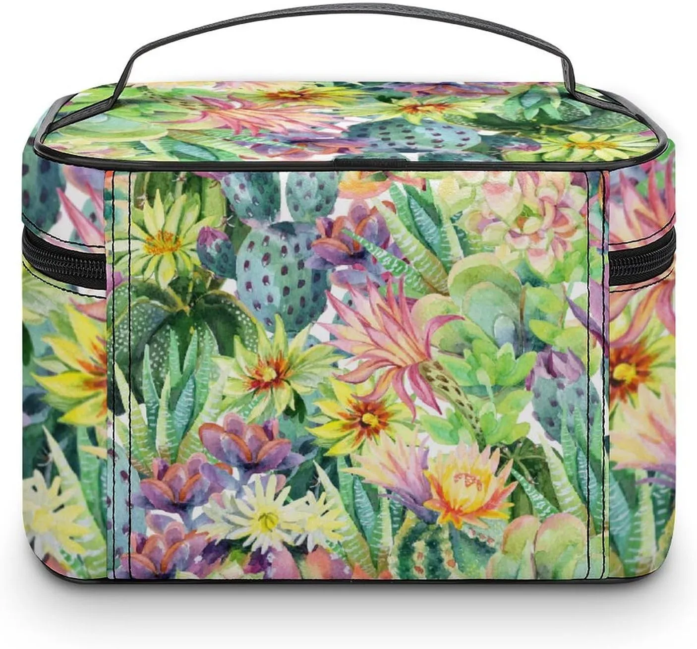 Makeup Bag Watercolor Cactus Flower Cosmetic Bag for Women, Beauty Zipper Makeup Organizer PU Leather Waterproof Toiletry Train Case