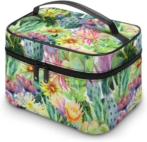 Makeup Bag Watercolor Cactus Flower Cosmetic Bag for Women, Beauty Zipper Makeup Organizer PU Leather Waterproof Toiletry Train Case