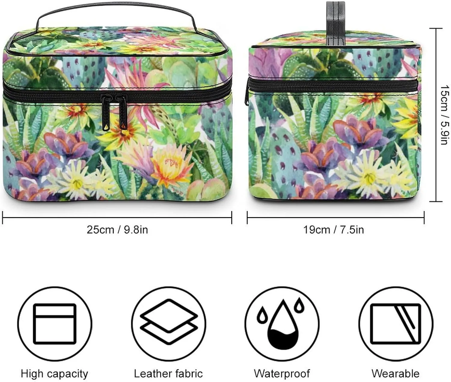 Makeup Bag Watercolor Cactus Flower Cosmetic Bag for Women, Beauty Zipper Makeup Organizer PU Leather Waterproof Toiletry Train Case