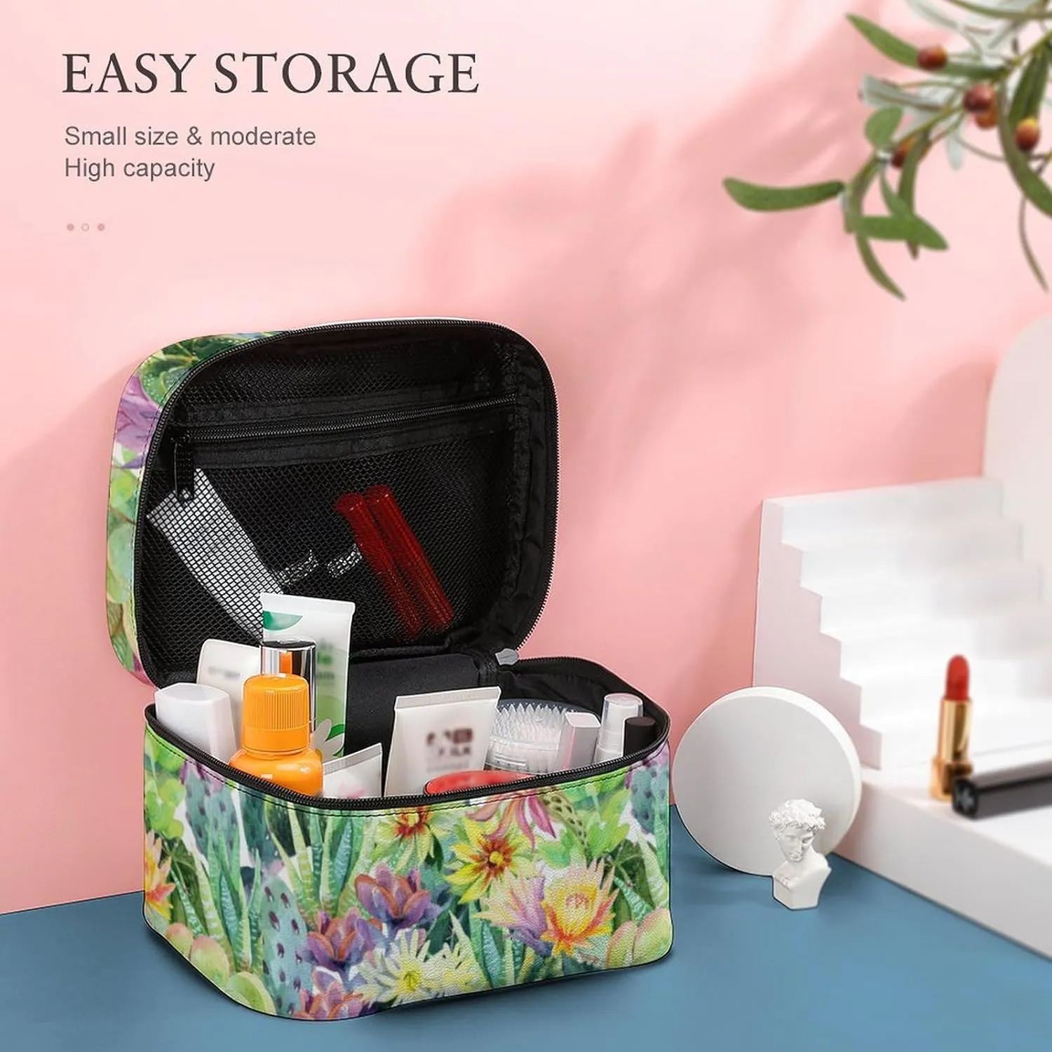Makeup Bag Watercolor Cactus Flower Cosmetic Bag for Women, Beauty Zipper Makeup Organizer PU Leather Waterproof Toiletry Train Case