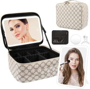 Makeup Bag with Lighted Mirror, Travel Make up Train Case with Adjustable Brightness Vanity Mirror and Detachable 10x Magnifying Mirror (Beige Clover)