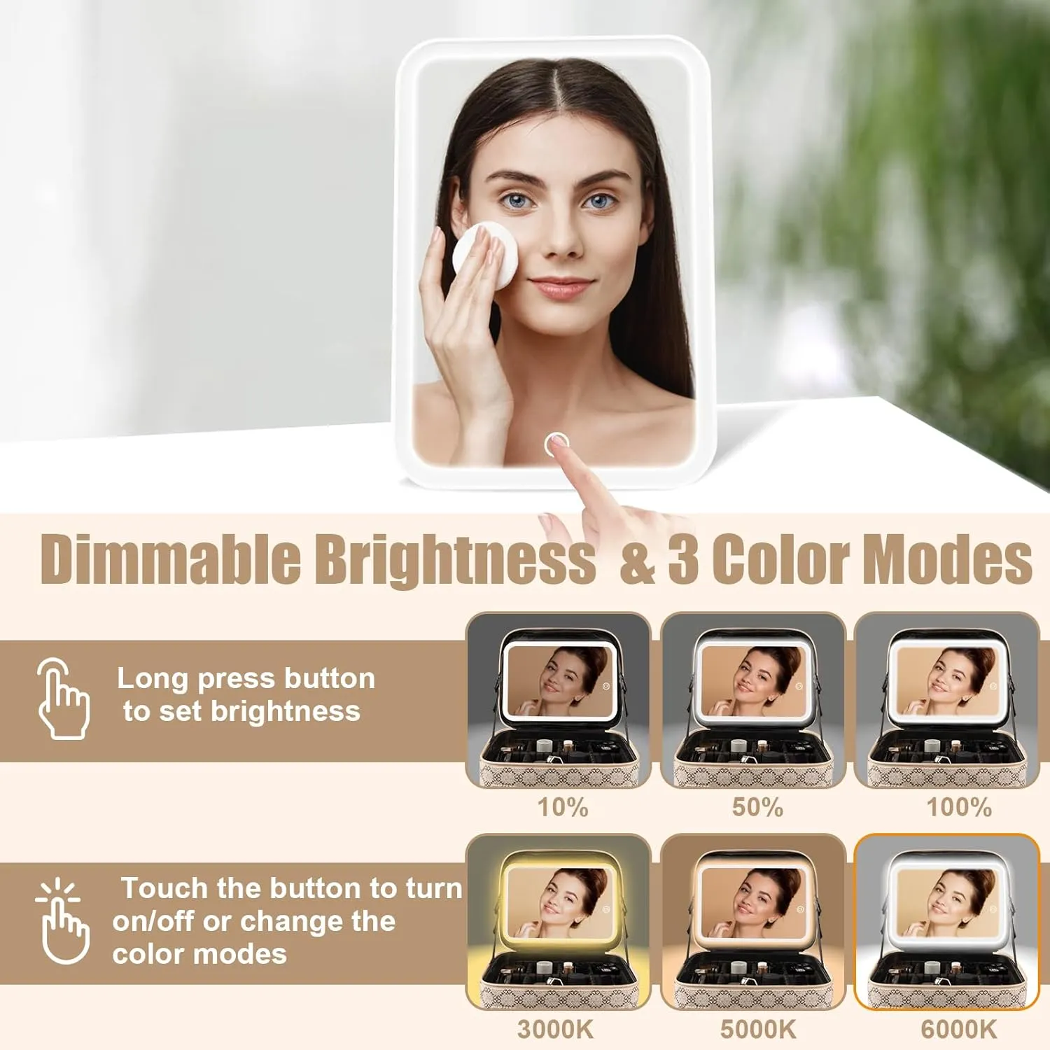 Makeup Bag with Lighted Mirror, Travel Make up Train Case with Adjustable Brightness Vanity Mirror and Detachable 10x Magnifying Mirror (Beige Clover)