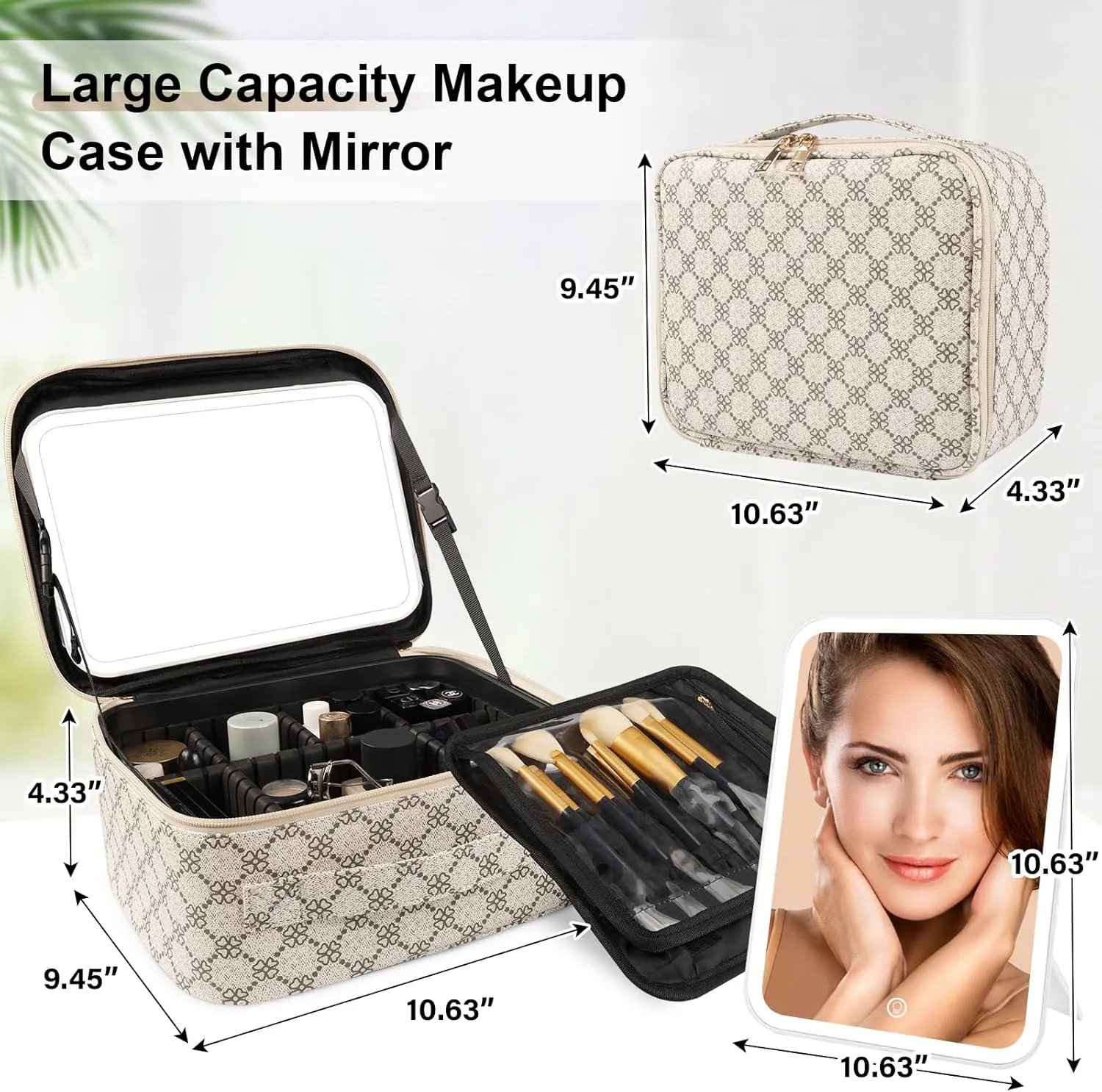 Makeup Bag with Lighted Mirror, Travel Make up Train Case with Adjustable Brightness Vanity Mirror and Detachable 10x Magnifying Mirror (Beige Clover)