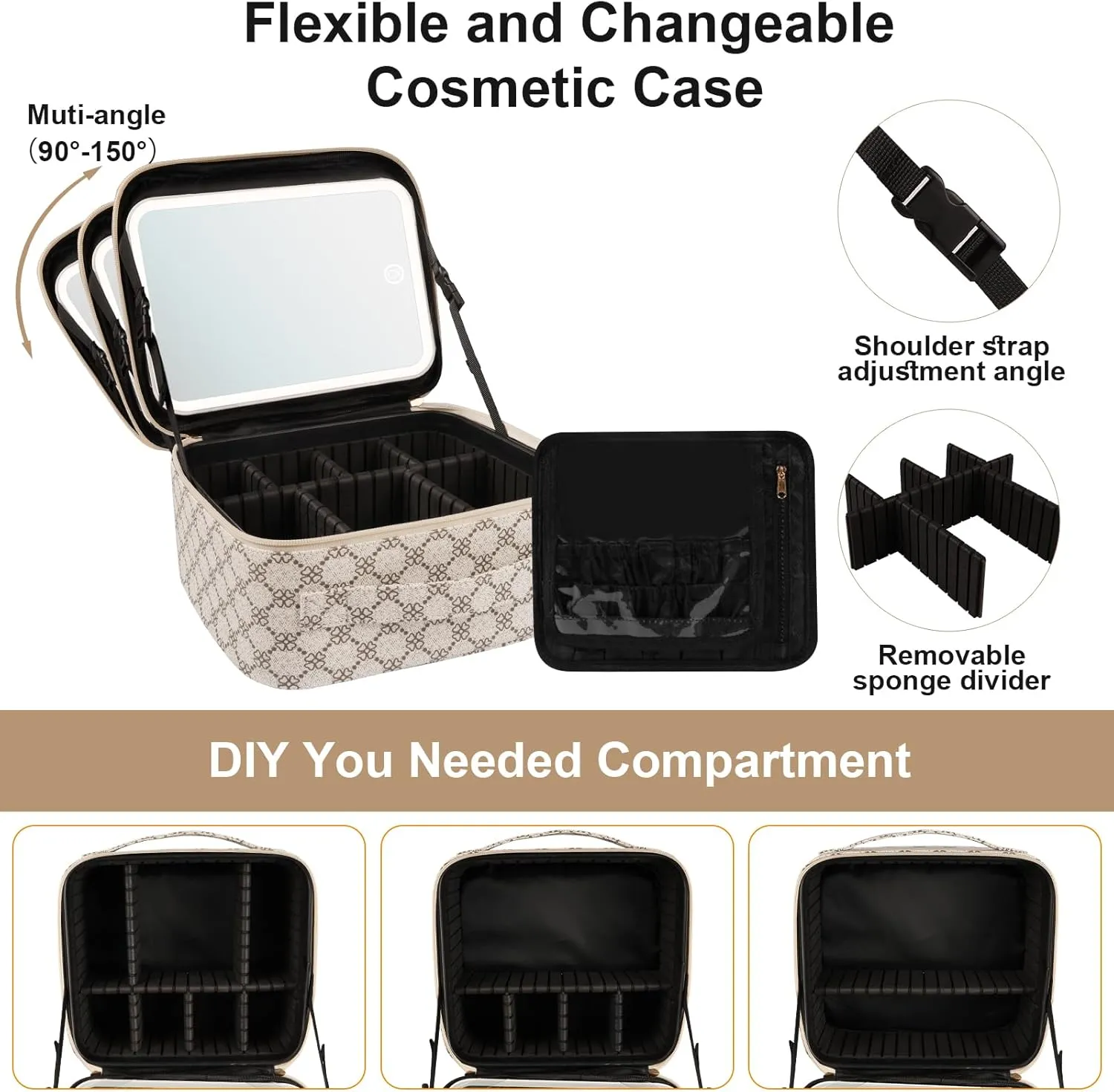 Makeup Bag with Lighted Mirror, Travel Make up Train Case with Adjustable Brightness Vanity Mirror and Detachable 10x Magnifying Mirror (Beige Clover)