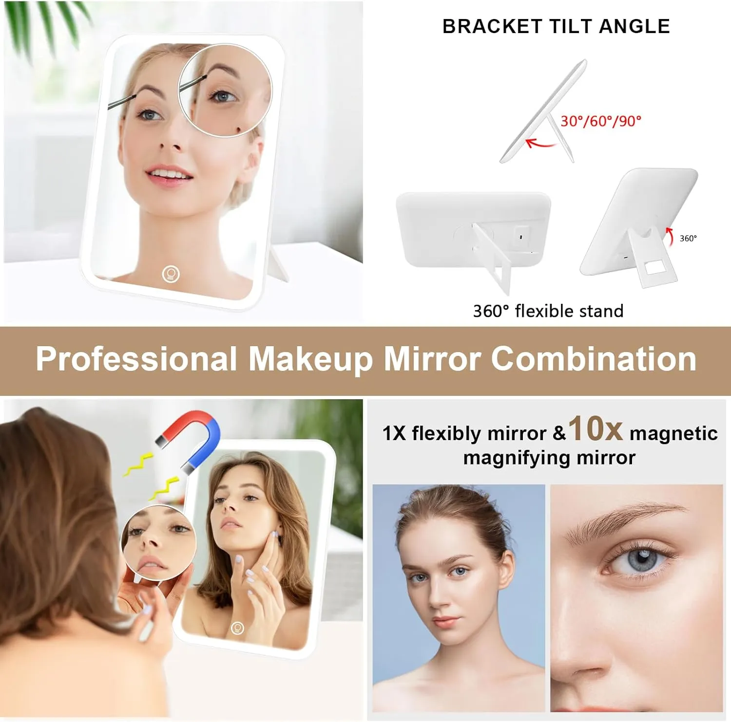 Makeup Bag with Lighted Mirror, Travel Make up Train Case with Adjustable Brightness Vanity Mirror and Detachable 10x Magnifying Mirror (Beige Clover)