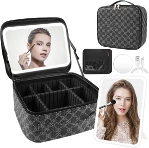 Makeup Bag with Lighted Mirror, Travel Make up Train Case with Adjustable Brightness Vanity Mirror and Detachable 10x Magnifying Mirror (Grey Clover)