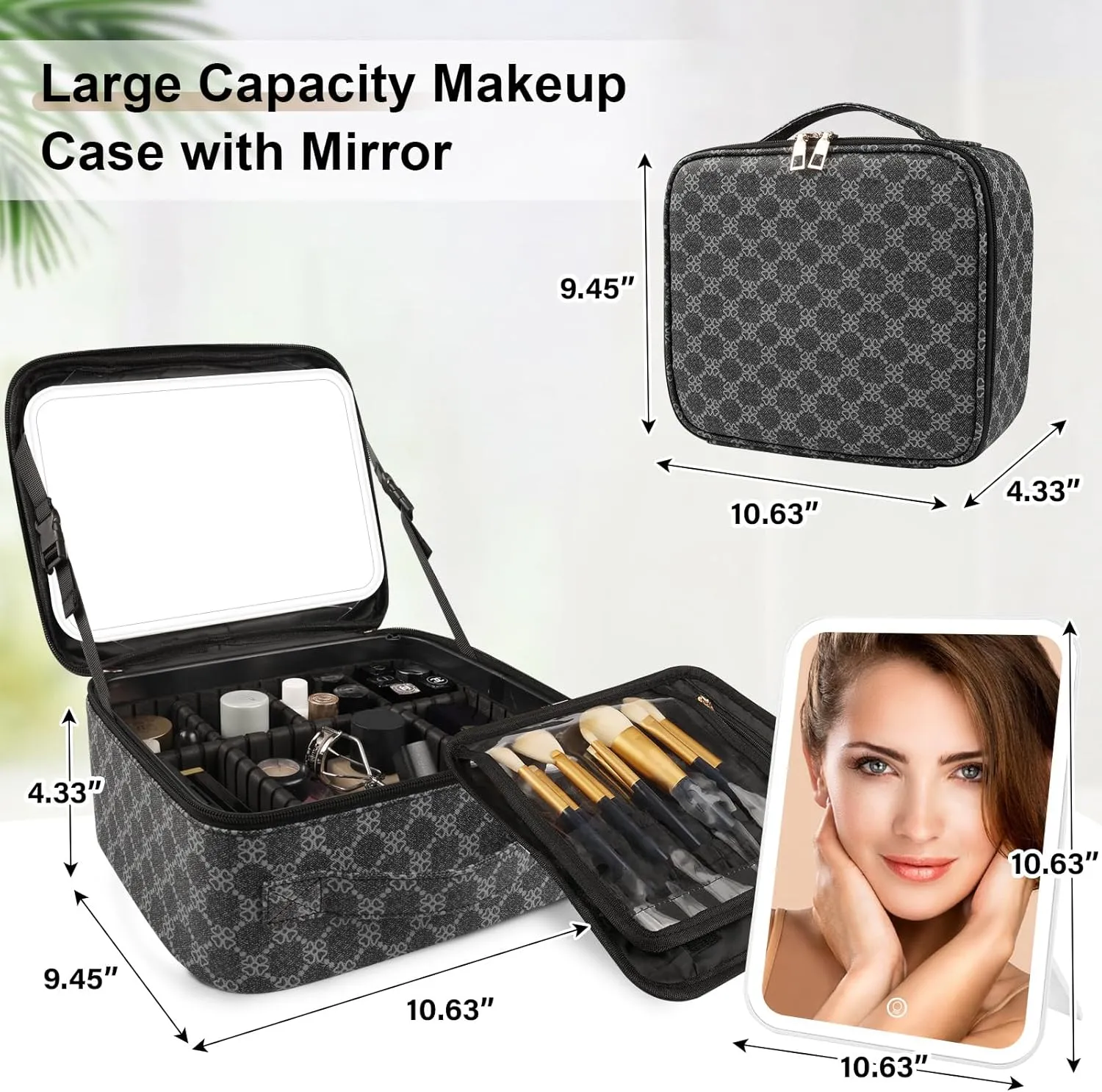 Makeup Bag with Lighted Mirror, Travel Make up Train Case with Adjustable Brightness Vanity Mirror and Detachable 10x Magnifying Mirror (Grey Clover)