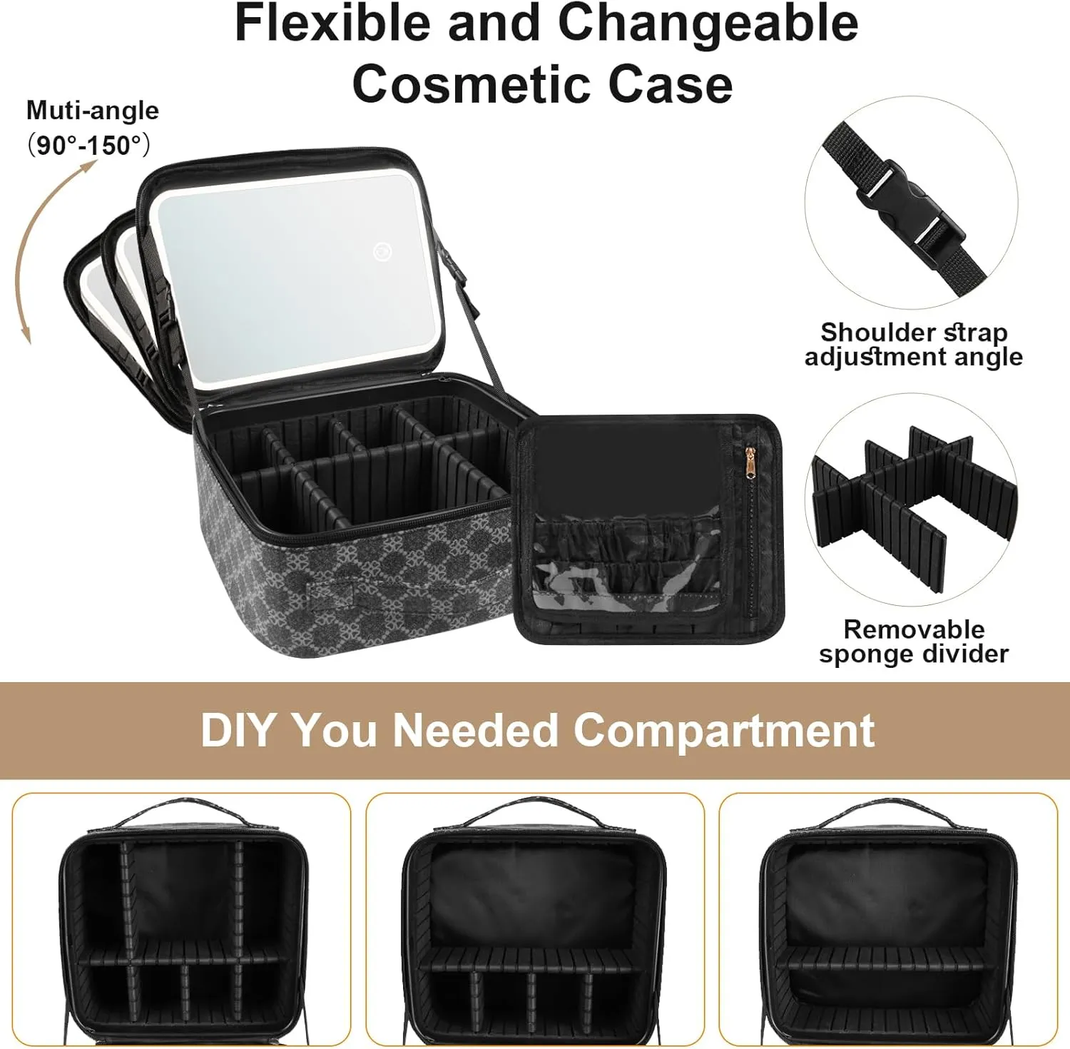 Makeup Bag with Lighted Mirror, Travel Make up Train Case with Adjustable Brightness Vanity Mirror and Detachable 10x Magnifying Mirror (Grey Clover)