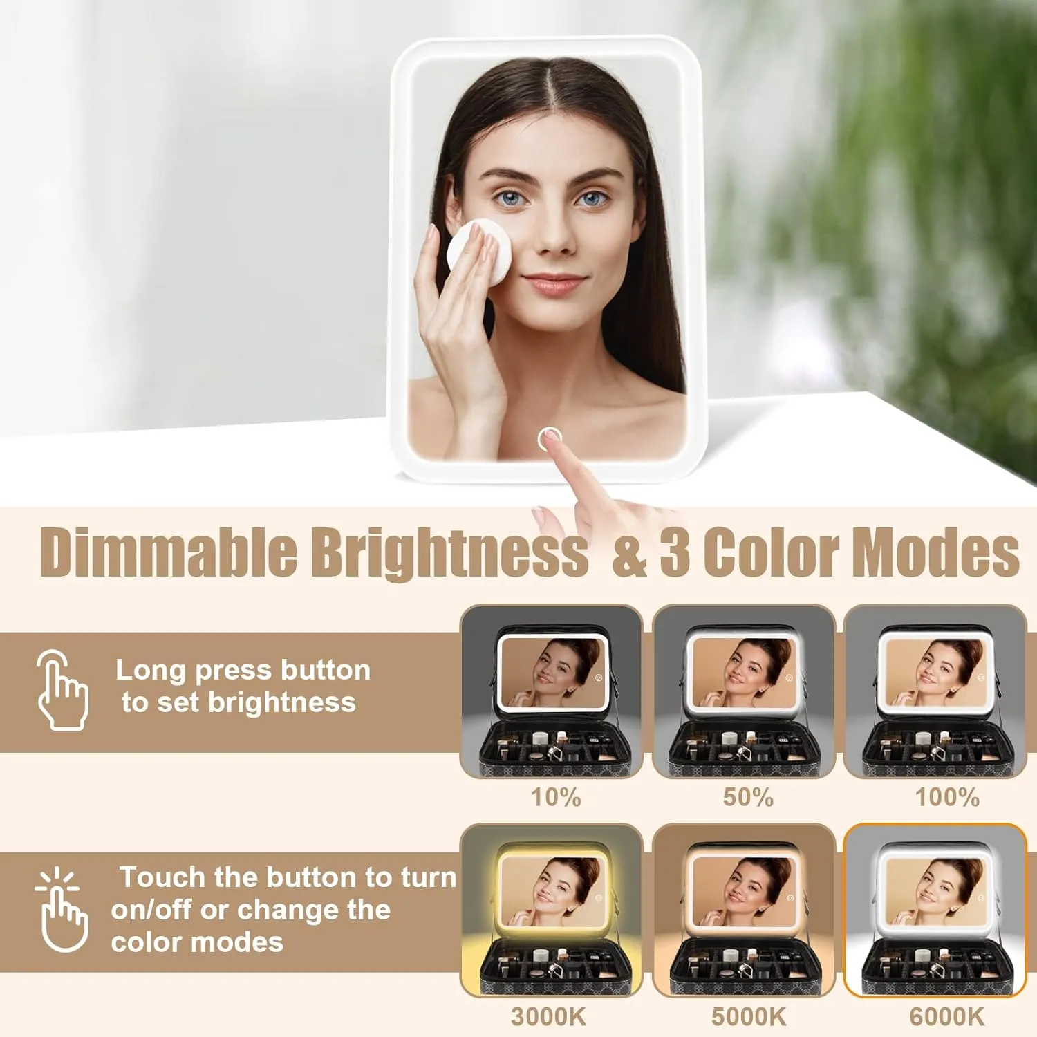 Makeup Bag with Lighted Mirror, Travel Make up Train Case with Adjustable Brightness Vanity Mirror and Detachable 10x Magnifying Mirror (Grey Clover)