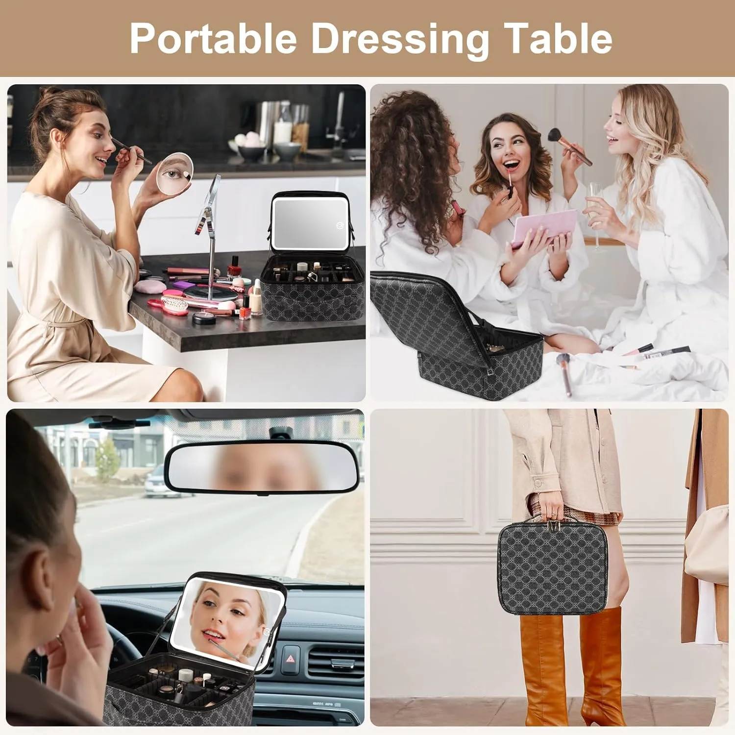 Makeup Bag with Lighted Mirror, Travel Make up Train Case with Adjustable Brightness Vanity Mirror and Detachable 10x Magnifying Mirror (Grey Clover)