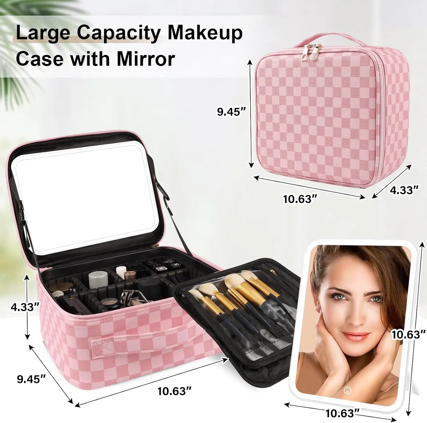 Makeup Bag with Lighted Mirror, Travel Make up Train Case with Adjustable Brightness Vanity Mirror and Detachable 10x Magnifying Mirror, PU Lether Cosmetics Organizer for Women (Pink Plaid)