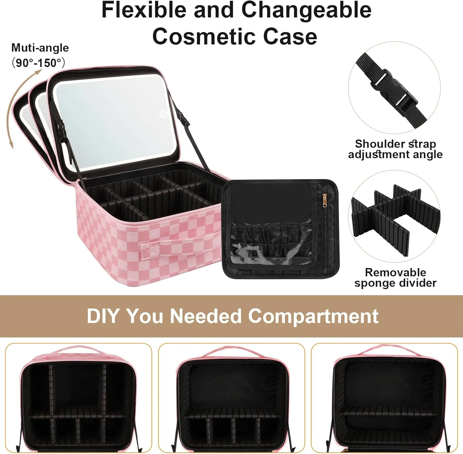 Makeup Bag with Lighted Mirror, Travel Make up Train Case with Adjustable Brightness Vanity Mirror and Detachable 10x Magnifying Mirror, PU Lether Cosmetics Organizer for Women (Pink Plaid)