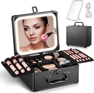 Makeup Box with A Detachable Magnetic Led Mirror, Portable Artist Suitcase Makeup Bag with Adjustable Dividers, Waterproof Travel Cosmetic Case Cosmetic Train Bag for Brush Holder Beauty Tools Storage