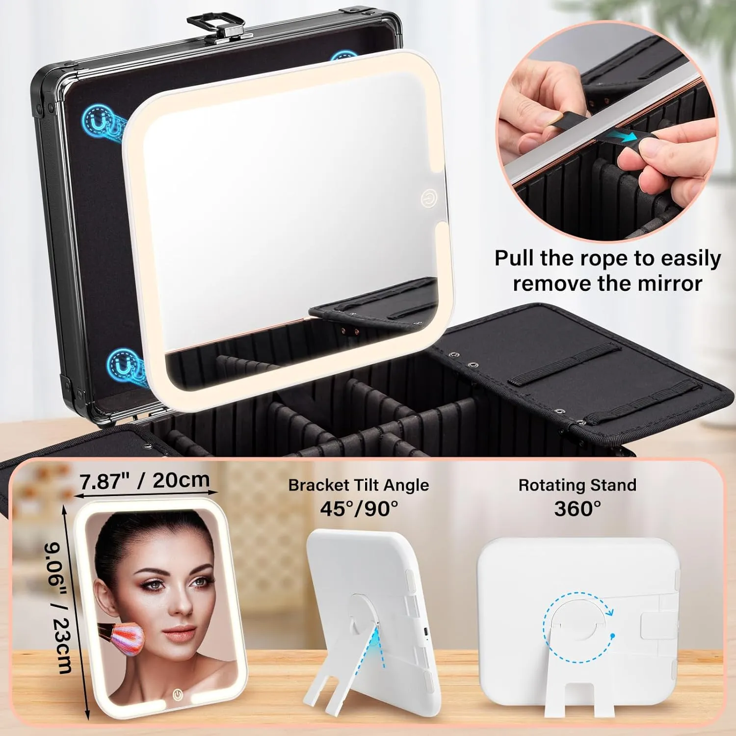 Makeup Box with A Detachable Magnetic Led Mirror, Portable Artist Suitcase Makeup Bag with Adjustable Dividers, Waterproof Travel Cosmetic Case Cosmetic Train Bag for Brush Holder Beauty Tools Storage