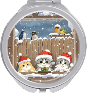 Makeup Mirror for Women Portable Compact Three Cat Bird Observers Vanity Mirror for Travel Folding Cosmetic Mirror with Mirror Cover Double-Sided Handheld Mirror for Purse