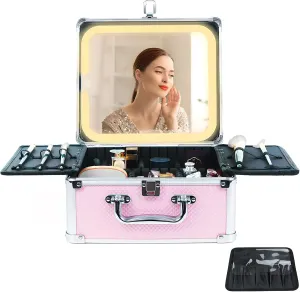 Makeup Organizer Box with Detachable Lighted Mirror, Travel Train Cosmetic Case, Adjustable Divider Storage Bag, Portable Artist Storage Suitcase with Magnetic LED Mirror (Light Pink)