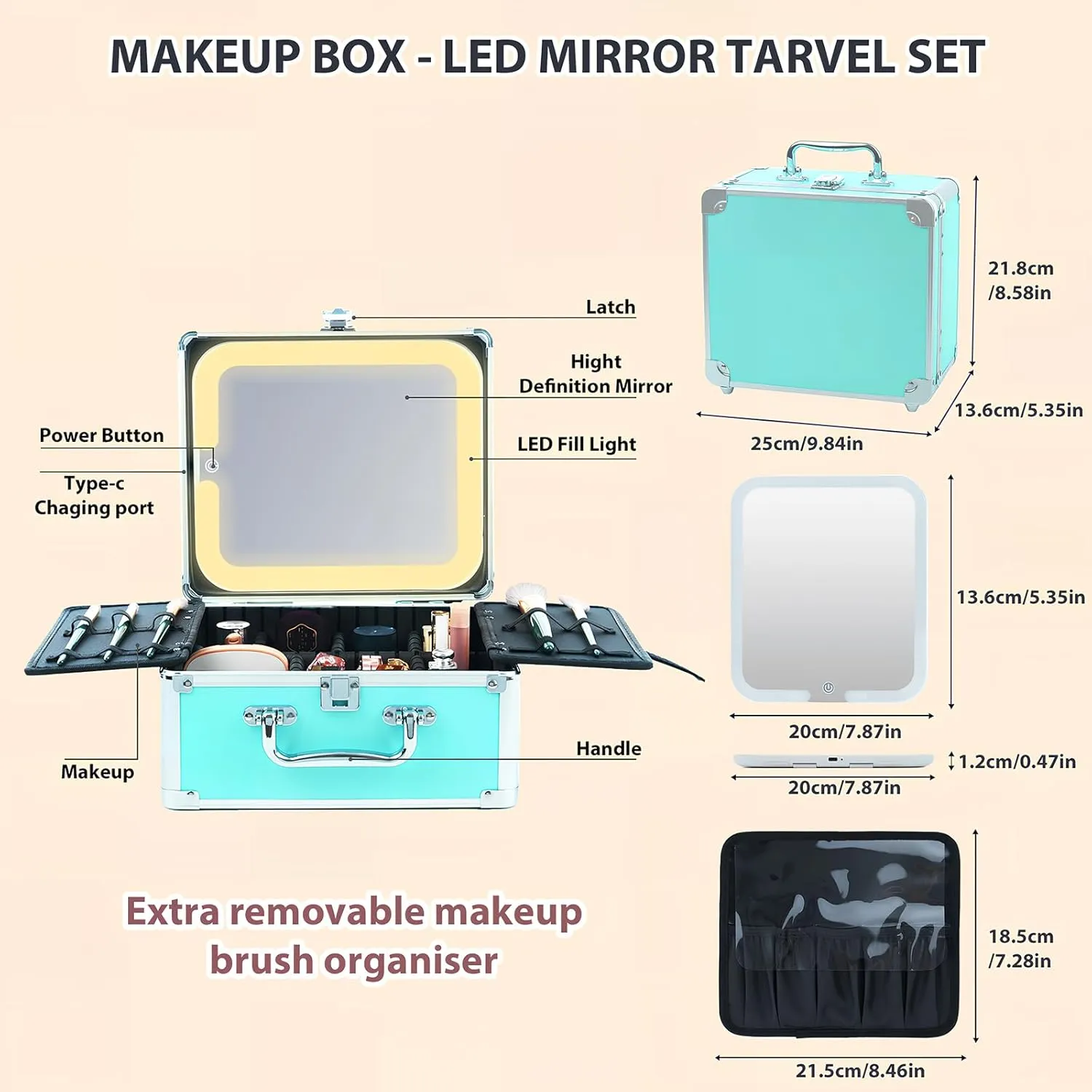 Makeup Organizer Box with Detachable Lighted Mirror, Travel Train Cosmetic Case, Adjustable Divider Storage Bag, Portable Artist Storage Suitcase with Magnetic LED Mirror (Rose Gold)
