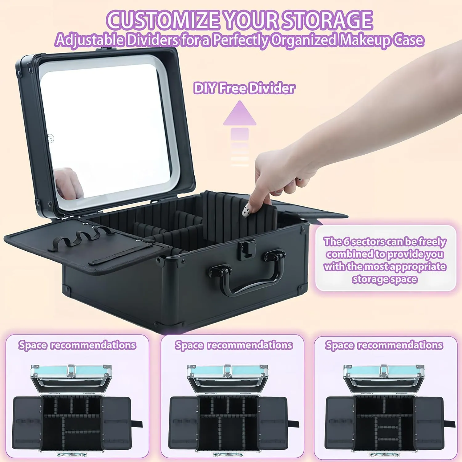 Makeup Organizer Box with Detachable Lighted Mirror, Travel Train Cosmetic Case, Adjustable Divider Storage Bag, Portable Artist Storage Suitcase with Magnetic LED Mirror (Rose Gold)