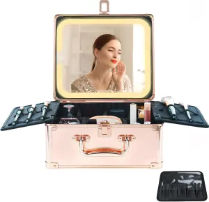 Makeup Organizer Box with Detachable Lighted Mirror, Travel Train Cosmetic Case, Adjustable Divider Storage Bag, Portable Artist Storage Suitcase with Magnetic LED Mirror (Rose Gold)