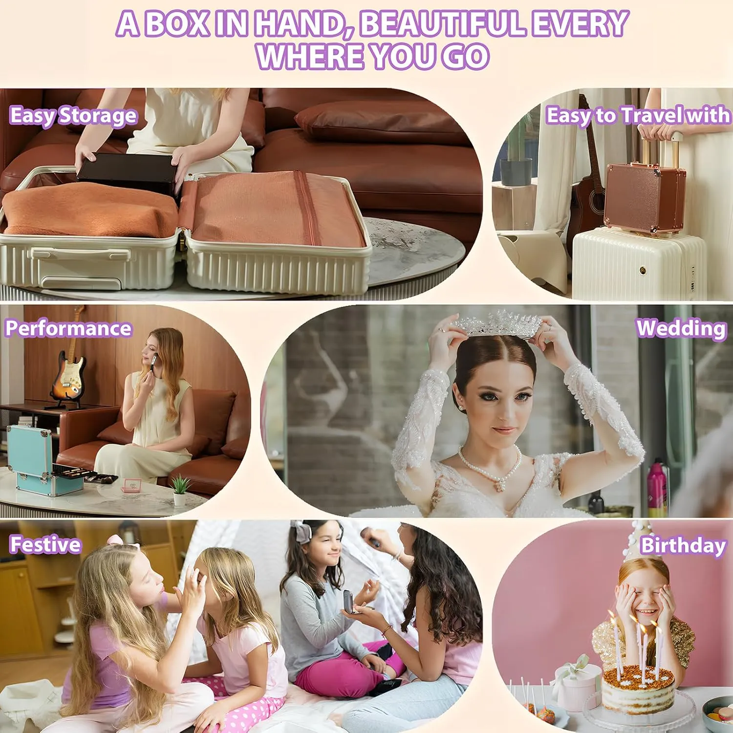 Makeup Organizer Box with Detachable Lighted Mirror, Travel Train Cosmetic Case, Adjustable Divider Storage Bag, Portable Artist Storage Suitcase with Magnetic LED Mirror (Rose Gold)