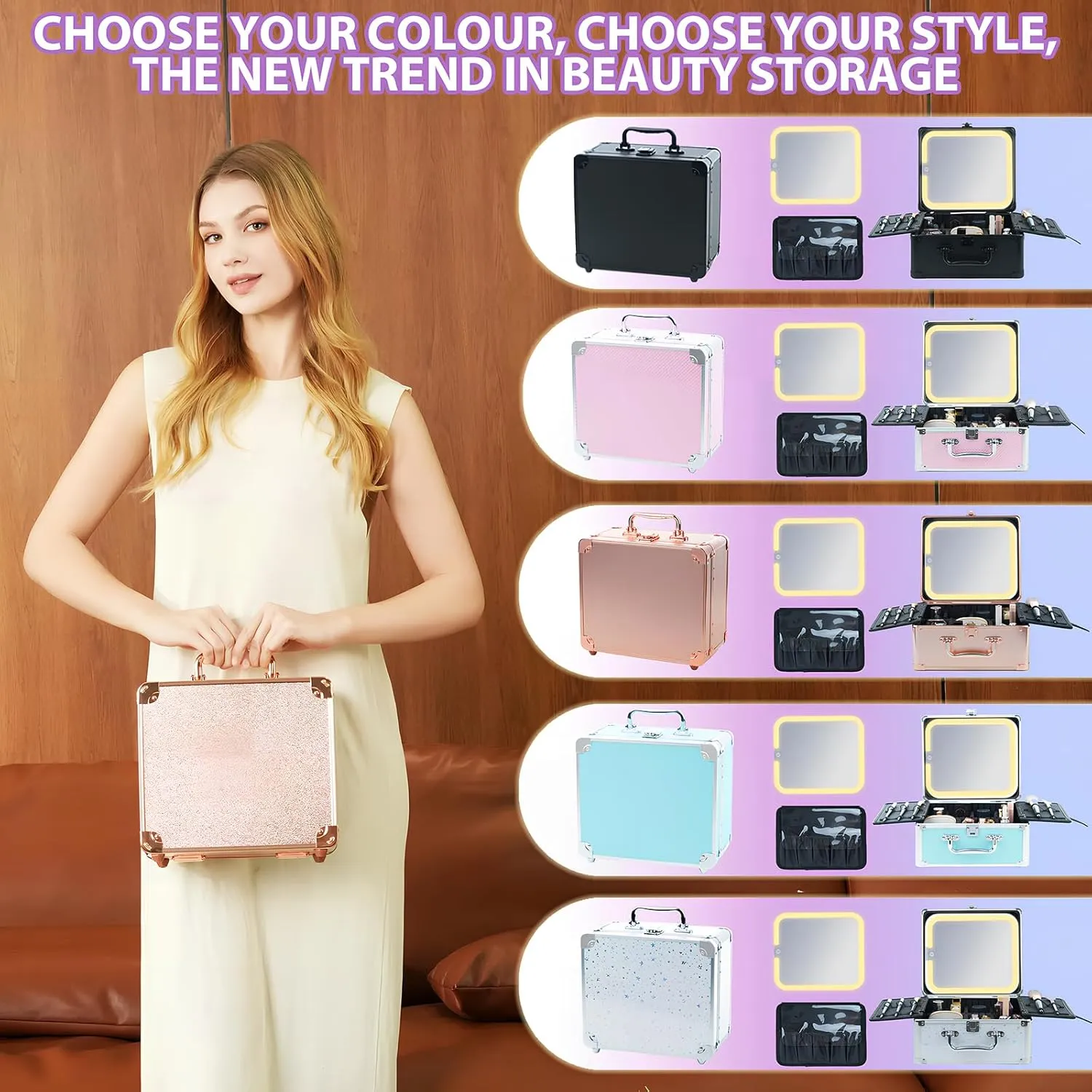 Makeup Organizer Box with Detachable Lighted Mirror, Travel Train Cosmetic Case, Adjustable Divider Storage Bag, Portable Artist Storage Suitcase with Magnetic LED Mirror (Rose Gold)