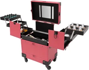 Makeup Train Case Travel Makeup Cases 7 Compartments Large Storage Cosmetic Trolley Rolling Makeup Cart Box Organizer with Mirror and Universal Wheels, for Travel Makeup, Nail Art (Rose)