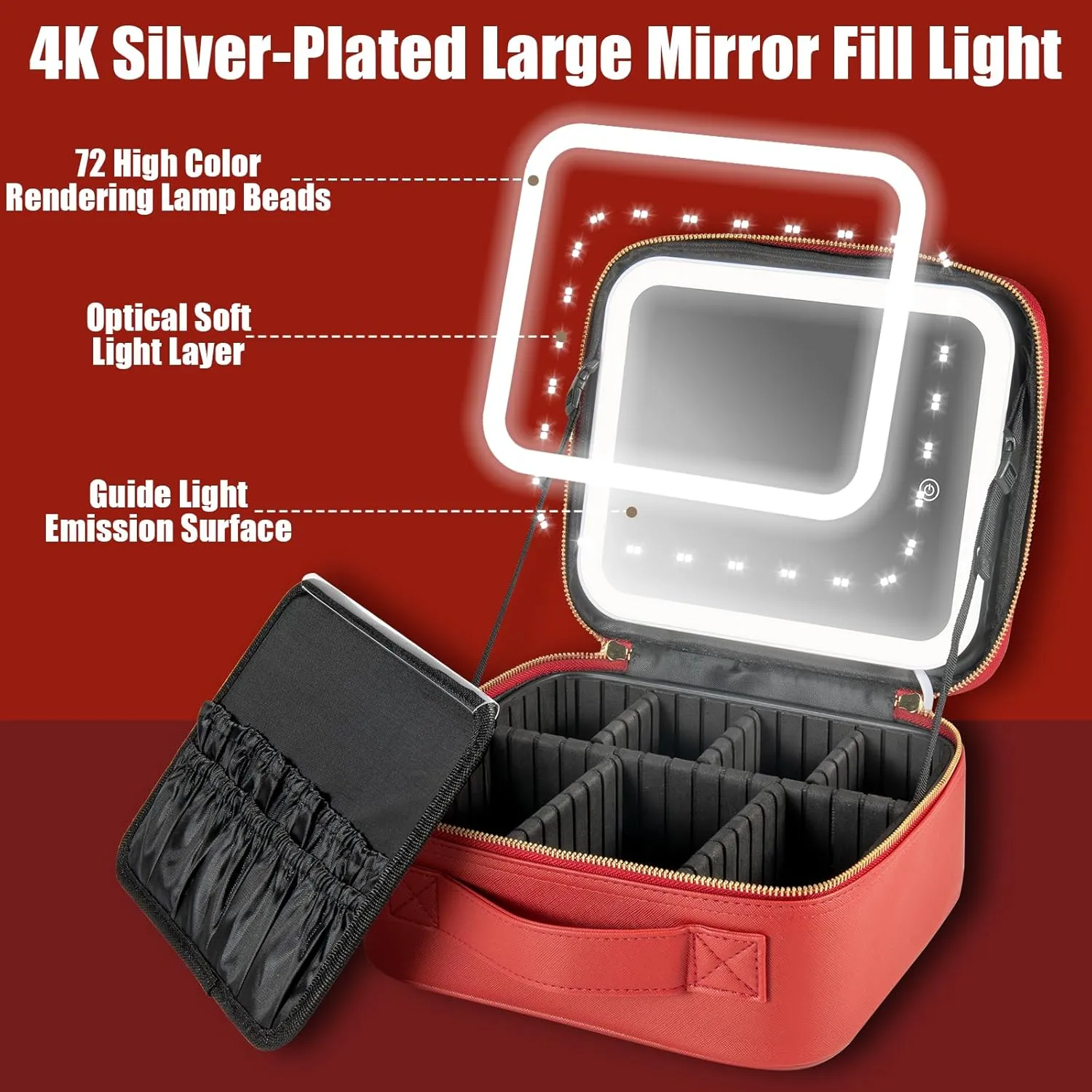 Makeup Travel Bag with LED Lighted Mirror Adjustable Brightness Portable Waterproof Makeup Case with Adjustable Dividers, Make up Train Case Organizer Makeup Brush Accessories and Tool Case