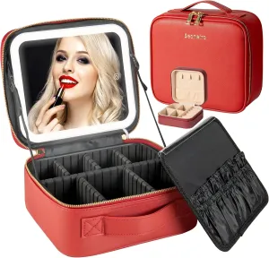 Makeup Travel Bag with LED Lighted Mirror Adjustable Brightness Portable Waterproof Makeup Case with Adjustable Dividers, Make up Train Case Organizer Makeup Brush Accessories and Tool Case