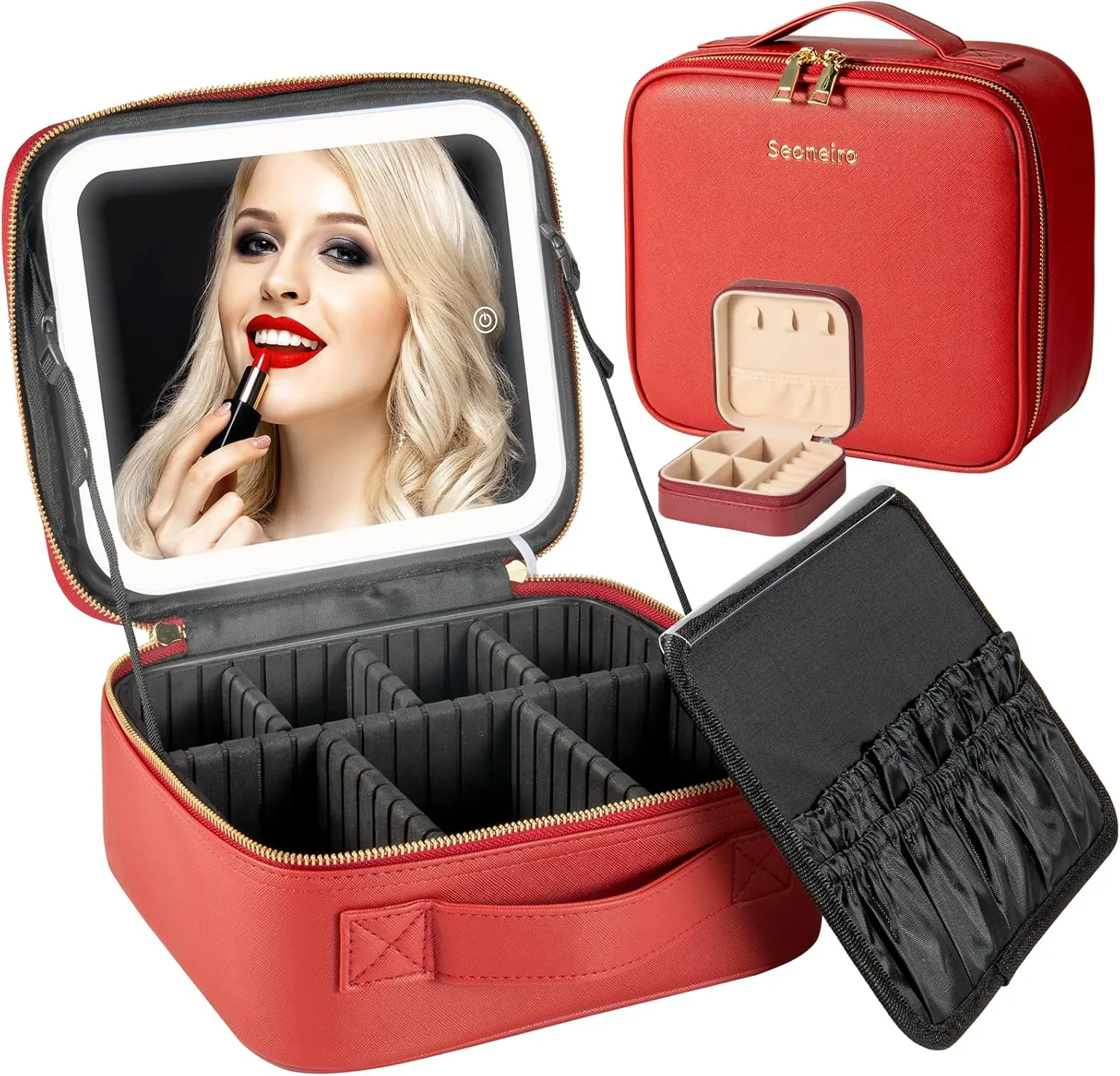 Makeup Travel Bag with LED Lighted Mirror Adjustable Brightness Portable Waterproof Makeup Case with Adjustable Dividers, Make up Train Case Organizer Makeup Brush Accessories and Tool Case