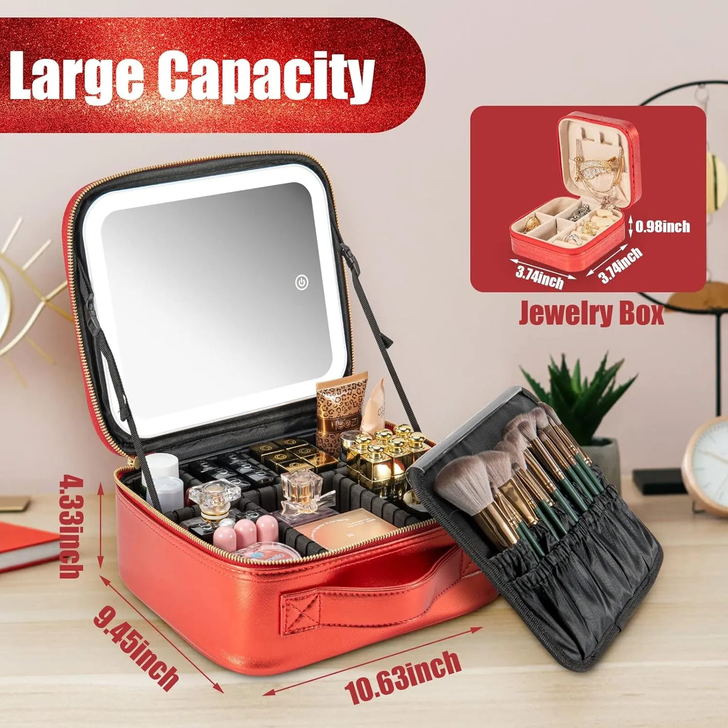 Makeup Travel Train Case with Mirror LED Light 3 Adjustable Brightness Cosmetic Bag Portable Storage Adjustable Partition Waterproof Brushes Make up Jewelry Gift for Women