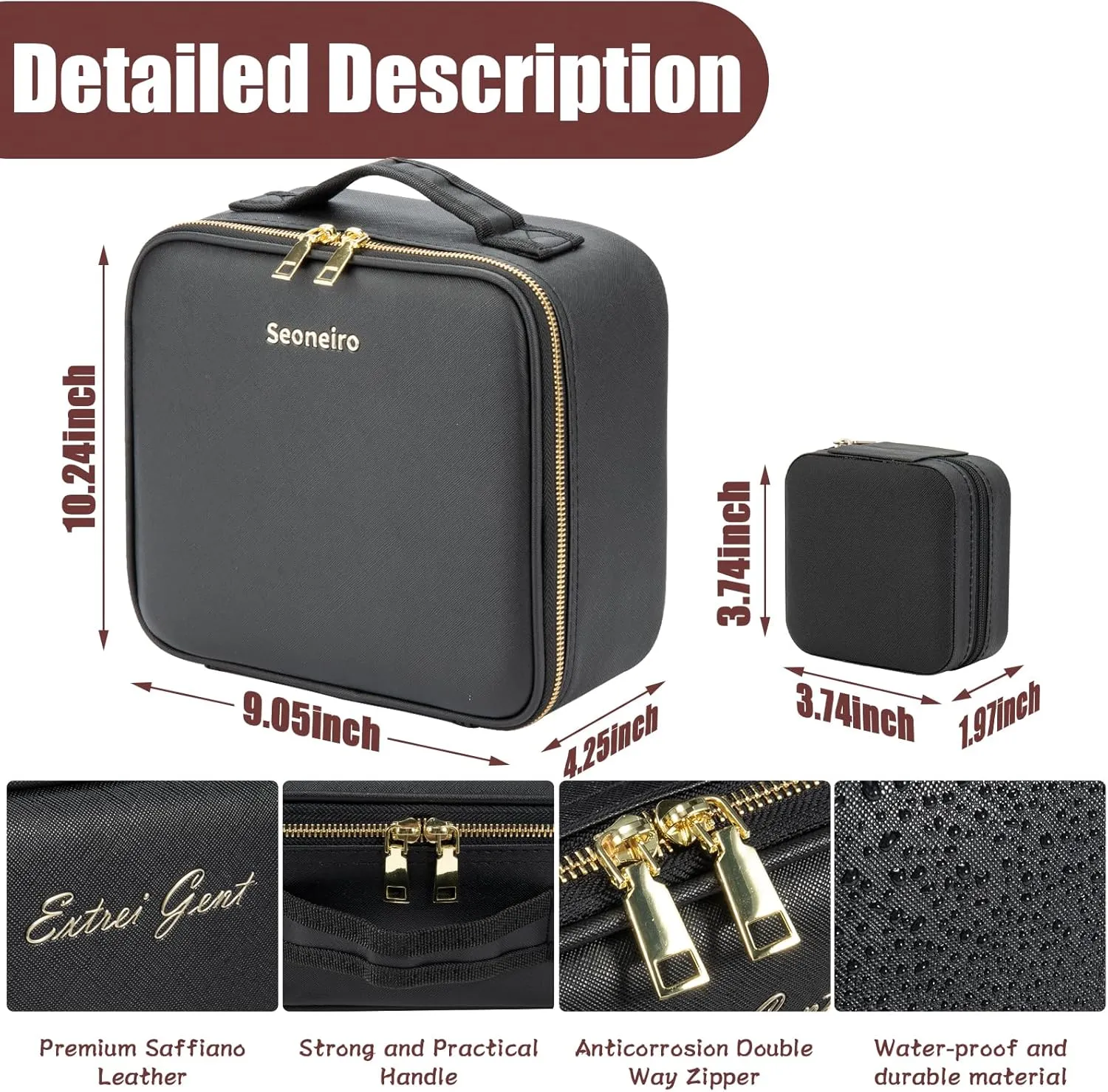 Makeup Travel Train Case with Mirror LED Light 3 Adjustable Brightness Cosmetic Bag Portable Storage Adjustable Partition Waterproof Brushes Makeup Jewelry Gift for Women, Black