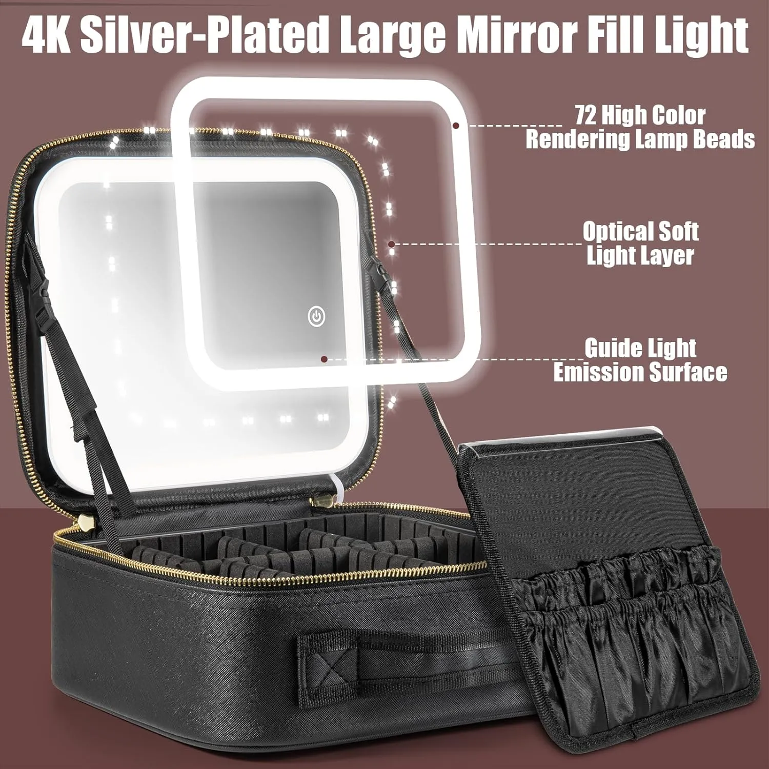 Makeup Travel Train Case with Mirror LED Light 3 Adjustable Brightness Cosmetic Bag Portable Storage Adjustable Partition Waterproof Brushes Makeup Jewelry Gift for Women, Black