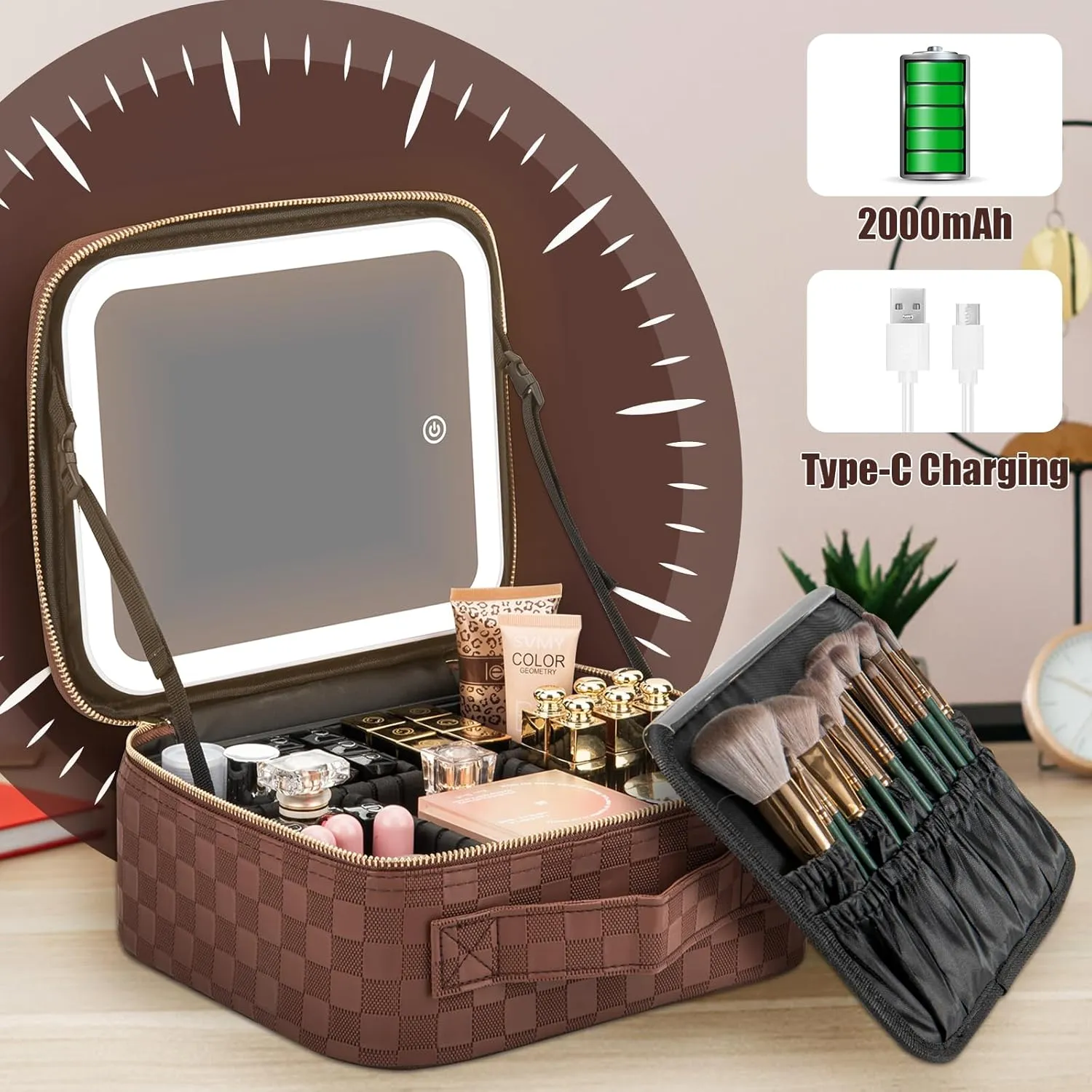 Makeup Travel Train Case with Mirror LED Light 3 Adjustable Brightness Cosmetic Bag Portable Storage Adjustable Partition Waterproof Makeup Brushes Makeup Jewelry Gift for Women