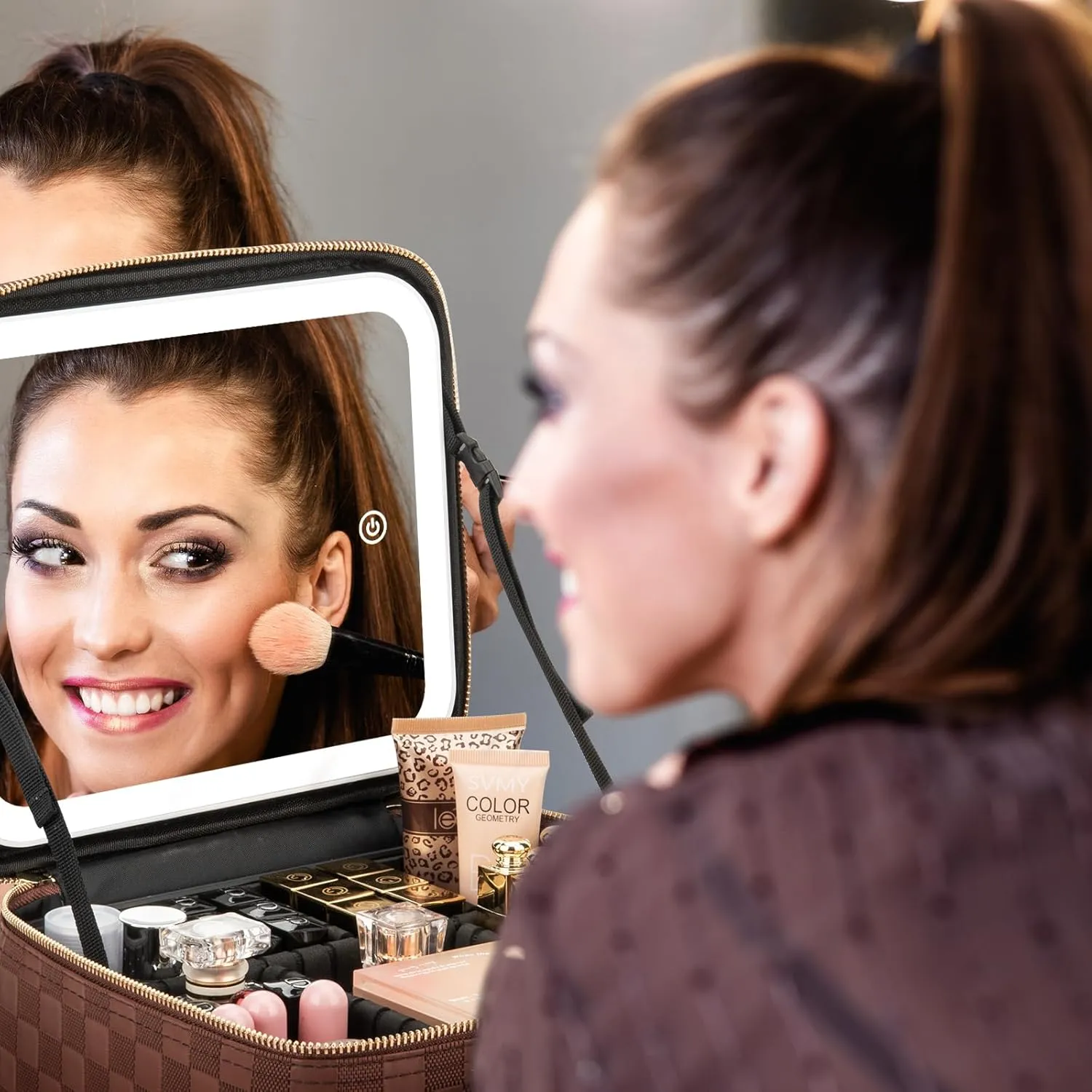 Makeup Travel Train Case with Mirror LED Light 3 Adjustable Brightness Cosmetic Bag Portable Storage Adjustable Partition Waterproof Makeup Brushes Makeup Jewelry Gift for Women