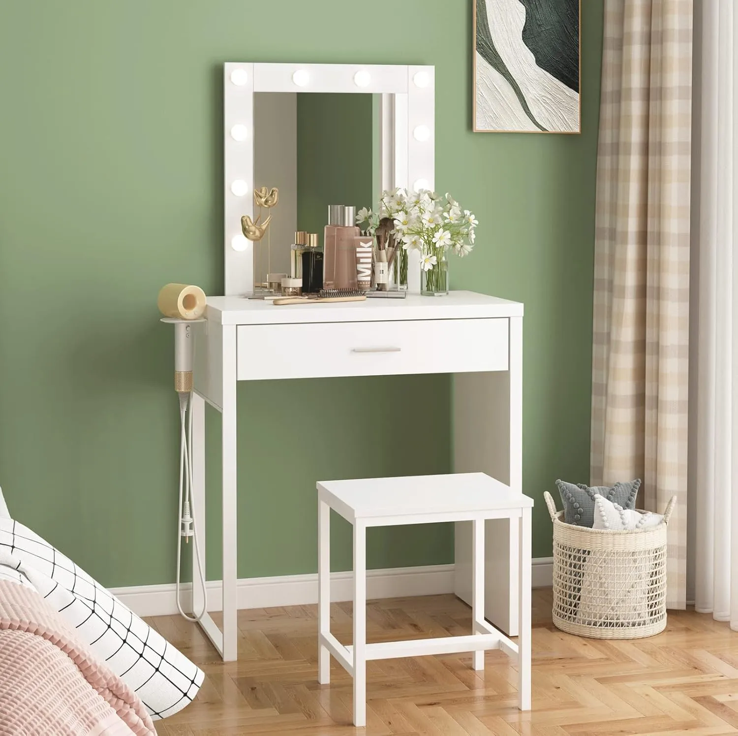 Makeup Vanity Desk with Mirror and Lights, Small Vanity Table and Chair Set,White Makeup Table with 10 LED Lights,Dressing Table for Bedroom,27.6in(L)
