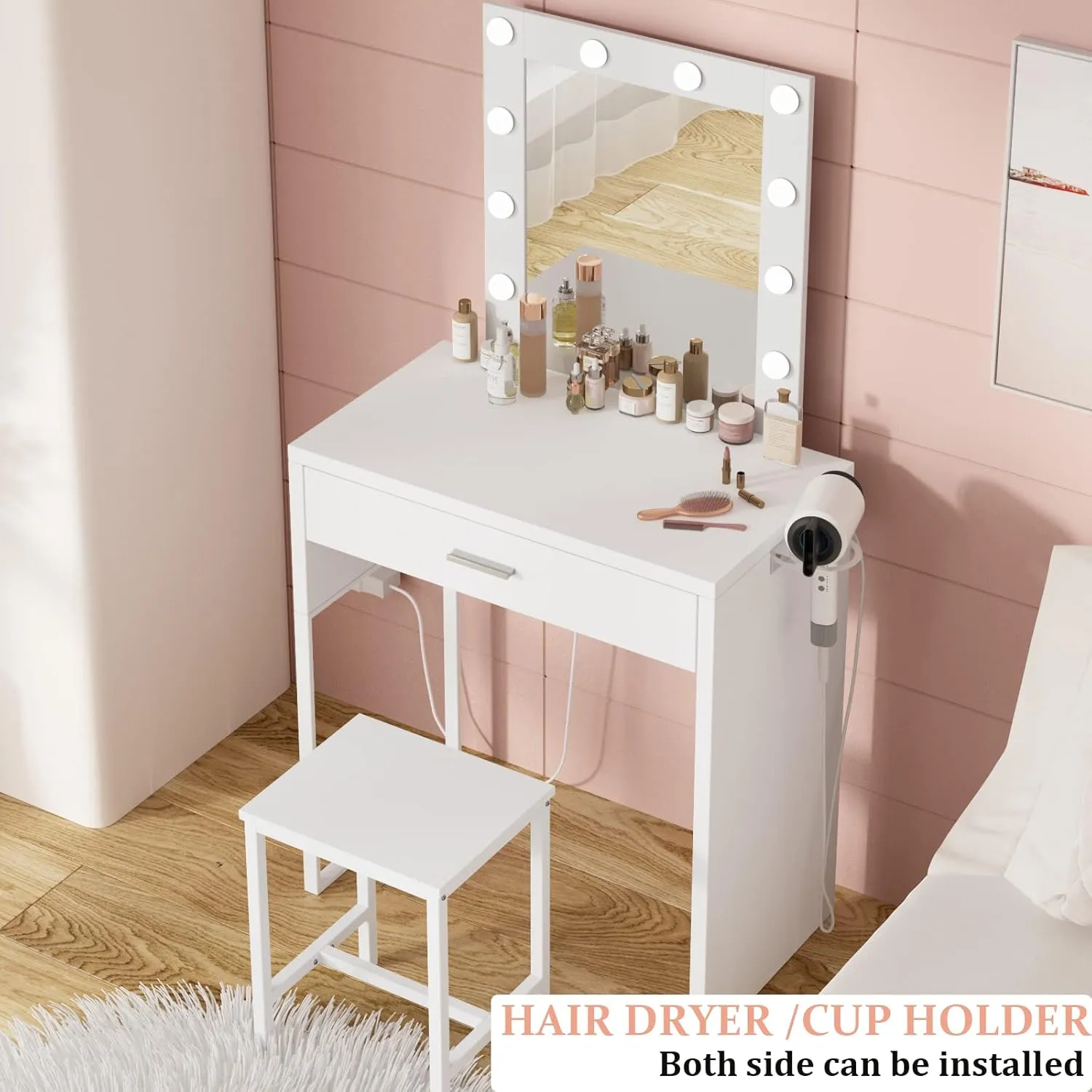 Makeup Vanity Desk with Mirror and Lights, White Vanity Table and Chair Set, Brightness Adjustable, Small Vanity for Girls' Bedroom