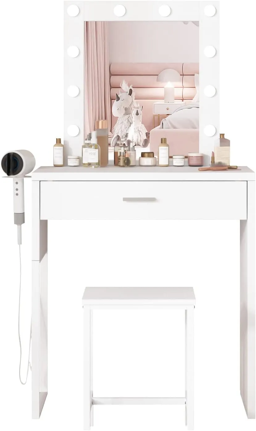 Makeup Vanity Desk with Mirror and Lights, White Vanity Table and Chair Set, Brightness Adjustable, Small Vanity for Girls' Bedroom