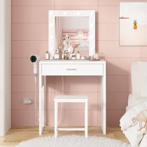 Makeup Vanity Desk with Mirror and Lights, White Vanity Table and Chair Set, Brightness Adjustable, Small Vanity for Girls' Bedroom